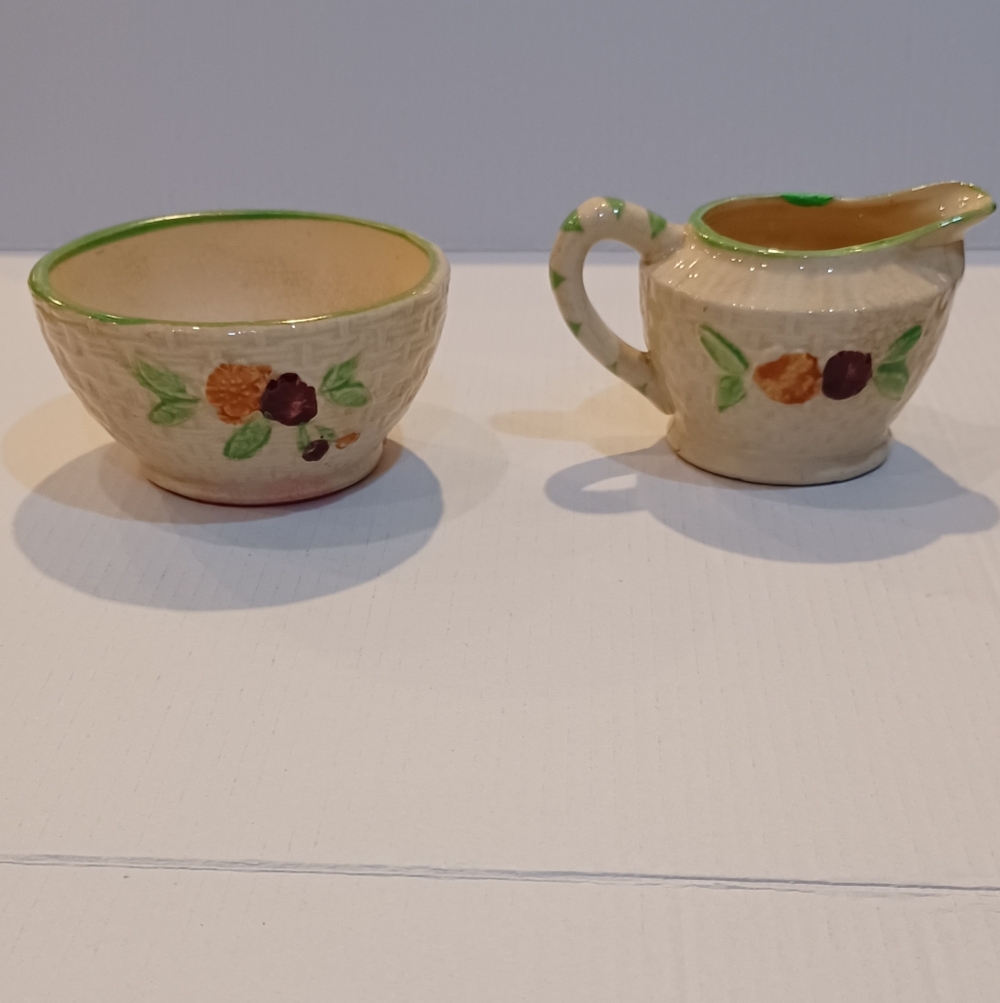 Vintage OG Floral Cream and Green Ceramic Bowl and Pitcher Set Mini Size